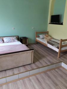 a bedroom with two beds and a flat screen tv at Petrovic in Sombor