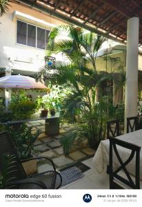 a patio with a table and a palm tree at Casa Hostel Essenza di Donna in São Luís