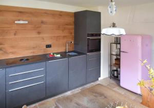 a kitchen with gray cabinets and a pink refrigerator at Ferienhaus Ickelhaus 1 in Bad Windsheim