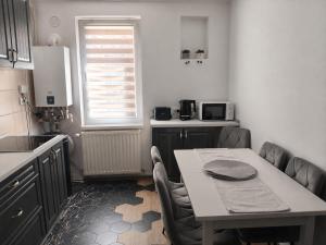 a kitchen with a table and chairs and a table and a window at Hanga Apartman in Băile Tuşnad +4 photos