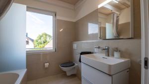 a bathroom with a sink and a toilet and a window at Swiss Suites Oberglatt in Oberglatt +31 photos