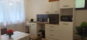 a kitchen with a table and a counter with a microwave at Siggis und Anyas Ferienwohnung mit Sauna und XXXL-Dusche in Sasbachwalden