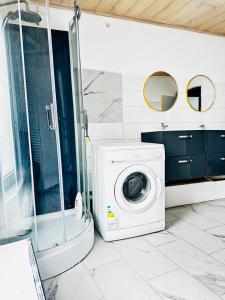 a washing machine in a bathroom with a shower at Echappée Rétro in Frameries +6 photos