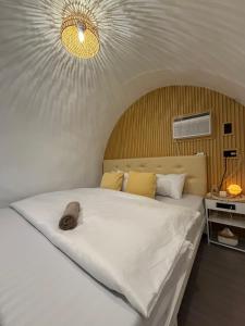 a bedroom with a large white bed with a chandelier at Cocoon De Coron in Coron