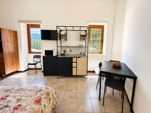 a room with a kitchen and a table in a room at BaB Apartments Tavernola in Tavernola Bergamasca