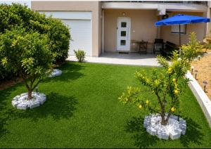 a yard with two trees and an umbrella at Thaleia apartment in Igoumenitsa