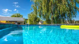 a swimming pool with blue water and a tree at Mielenko Domki Wakacyjny Raj in Mielenko