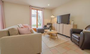 a living room with a couch and chairs and a tv at La petite maison dans lusigny in Lusigny-sur-Barse