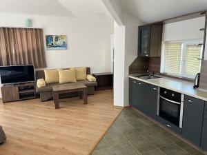 a kitchen and living room with a couch and a table at Family Hotel Dreams in Sozopol