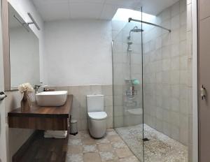 a bathroom with a toilet and a sink and a shower at Cal NEN PAU in Sant Boi de Lluçanès +11 photos
