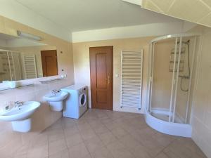 a bathroom with a sink and a toilet and a shower at Villa Rezort Vlašky in Bešeňová +82 photos