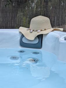 ein Hut, der auf einem Schwimmbecken liegt in der Unterkunft Villa Debriz Apartment in Stréfion