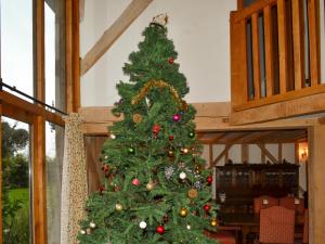 a green christmas tree in a room at Romden Barn in Smarden