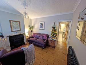 a living room with a christmas tree and a couch at Dragonfly Cottage in Beverley
