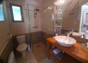 a bathroom with a toilet and a sink and a shower at Ô Reflet du Lac in Groléjac +25 photos