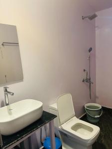 a bathroom with a white sink and a toilet at Seashell Cottages Palolem in Canacona