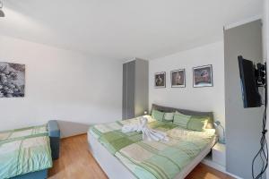 a bedroom with a bed and a flat screen tv at Schanzenblick mit Sauna und Pool in Schönwald +16 photos