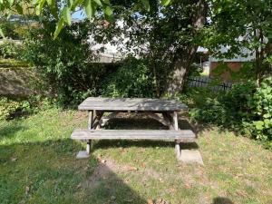 a picnic table sitting in the grass under a tree at Ferienwohnung Bickenalb in Zweibrücken