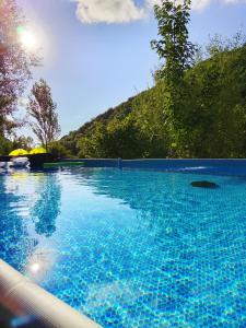 a large blue swimming pool with a hill in the background at Coume a Case - Maison de charme 4 étoiles - piscine et spa - vallée d'Ossau in Lys
