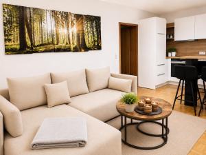 a living room with a couch and a table at Ferienwohnung Seeblick 24 in Winterberg +7 photos