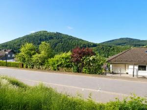 an empty road with a mountain in the background at Ferienwohnung Seeblick 24 in Winterberg