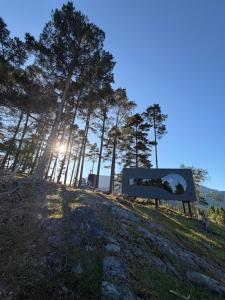 a sign on the side of a hill with trees at Birdbox Forland in Stord