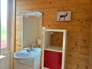 a small bathroom with a sink and a toilet at Résidence Les Dômes in Murol +64 photos
