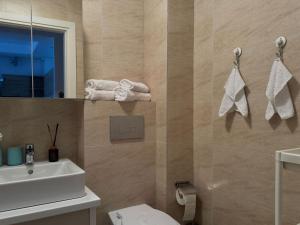 a bathroom with a sink and a toilet and towels at Studio Apartament Cosmopolis P3B in Ştefăneştii de Sus