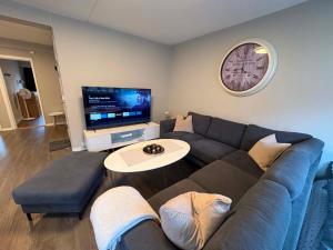 a living room with a couch and a tv at Notodden Sentrum Apartment NO 14 in Notodden