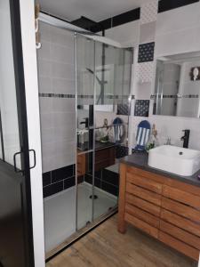 a bathroom with a glass shower and a sink at TY Nid in Lannion