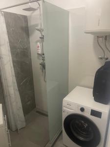 a washing machine in a bathroom with a shower at Apartma DUA in Strunjan