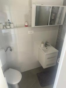 a bathroom with a toilet and a sink and a mirror at Apartma DUA in Strunjan