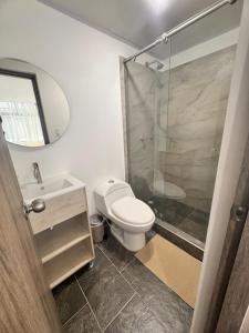 a bathroom with a toilet and a shower and a sink at Zentio Hotel in Bogotá