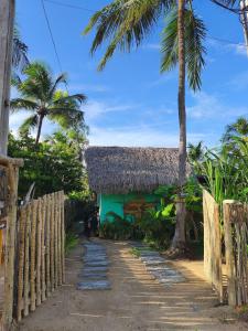 a green building with a thatched roof and a palm tree at Green Coconut - Icaraí Kite Village in Icaraí