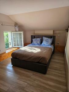 a bedroom with a large bed with blue pillows at Chez Peyrin in Labastide-Chalosse