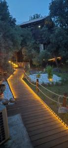 a wooden walkway with lights on it at night at GITES O FIL DE L'EAU piscine spa accès rivière in Omessa