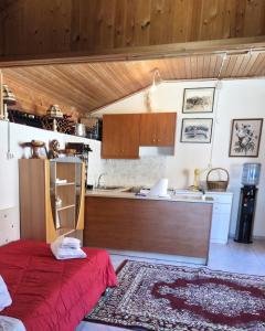 a kitchen with a red bed in a room at Authentic Village House in Tourkolékas