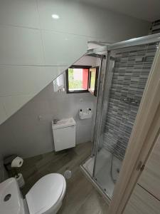 a small bathroom with a toilet and a shower at Casa La Cordelera in Salinas +7 photos
