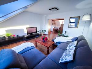 a living room with a blue couch and a tv at VILA v ZAHRADÁCH in Uherské Hradiště
