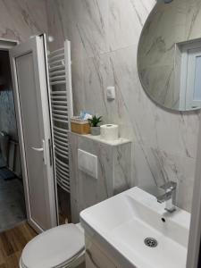a white bathroom with a sink and a mirror at Apartman Ena in Nova Varoš +11 photos