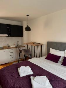 a hotel room with a bed and a kitchen at Apartman Ena in Nova Varoš