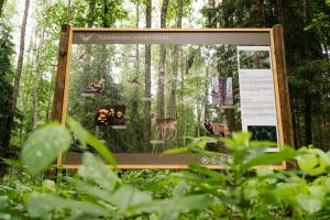 a sign in the middle of a forest with trees at Toosikannu Nature Resort & Hotel in Käru