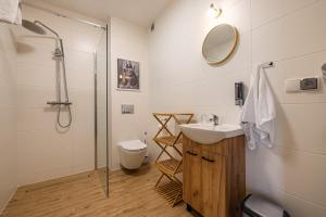 a bathroom with a sink and a shower at Apartamenty pod Góralskim Niebem in Gliczarów Górny +196 photos