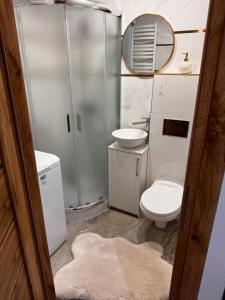 a bathroom with a toilet and a sink and a mirror at Apartament Piękna in Łomża