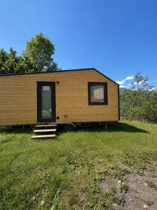 a tiny house sitting on top of a field at Tiny House Luc in Prato Carnico