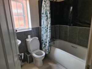 a bathroom with a toilet and a tub and a sink at FV Dwelling in Hucknall