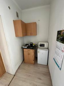 a small kitchen with a microwave and a refrigerator at Budget Room Vilnius in Vilnius