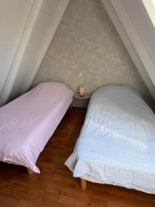 two beds sitting next to each other in a attic at Chalet 6 à 8 personnes in Drulhe