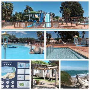 a collage of photos with a pool and the ocean at Mobilhome 217 in Torreilles