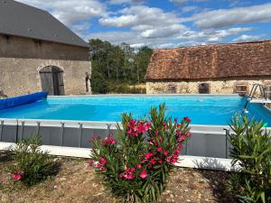 a large swimming pool in front of a building with flowers at Gîte de charme dans le Sancerrois in Bannay